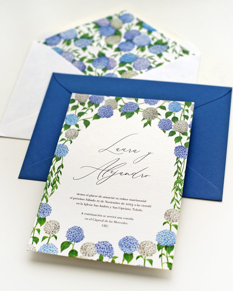 invitación de boda hortensias azules something cute