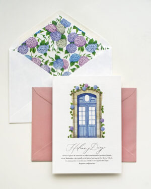 invitación de boda y sobre hortensias de colores something cute