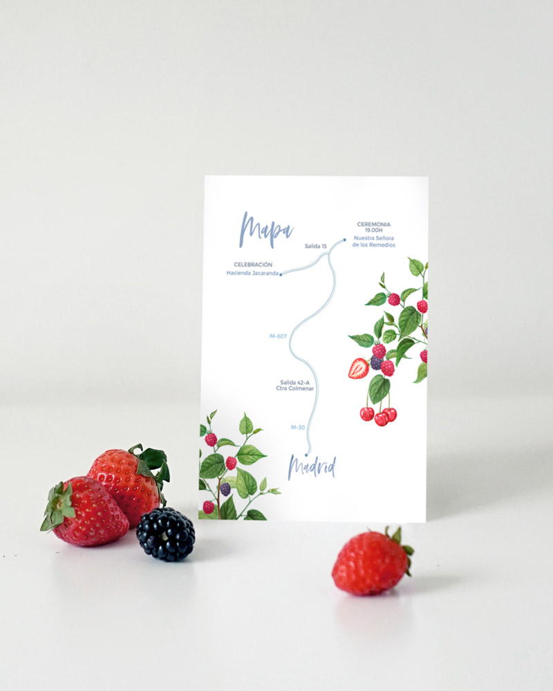 mapa invitaciones de boda y sobres frutos rojos something cute