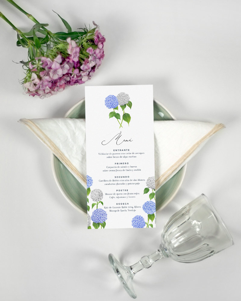 papelería de mesa hortensias azules minutas something cute
