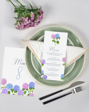 papelería de mesa hortensias colores minutas y meseros something cute
